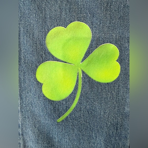 St Patrick Distressed Jeans with Green Clovers Size Medium - Picture 8 of 13